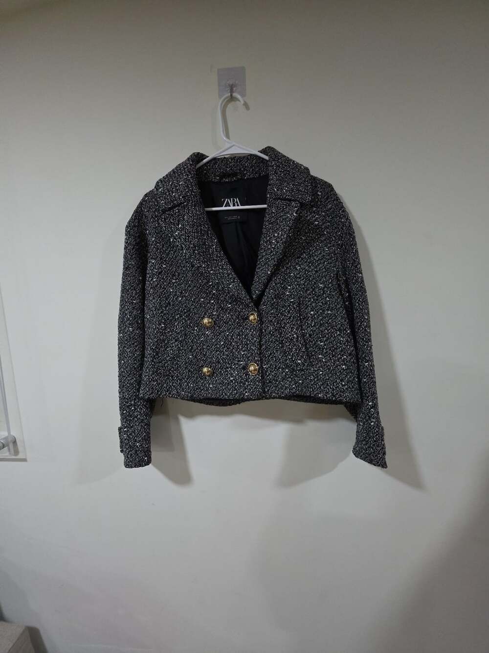 Zara Cropped Textured Boucle Double-Breasted Blazer,small